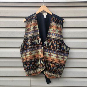 Vintage Theo Beaded Aztec Southwestern Tapestry Button Down Vest Mens
